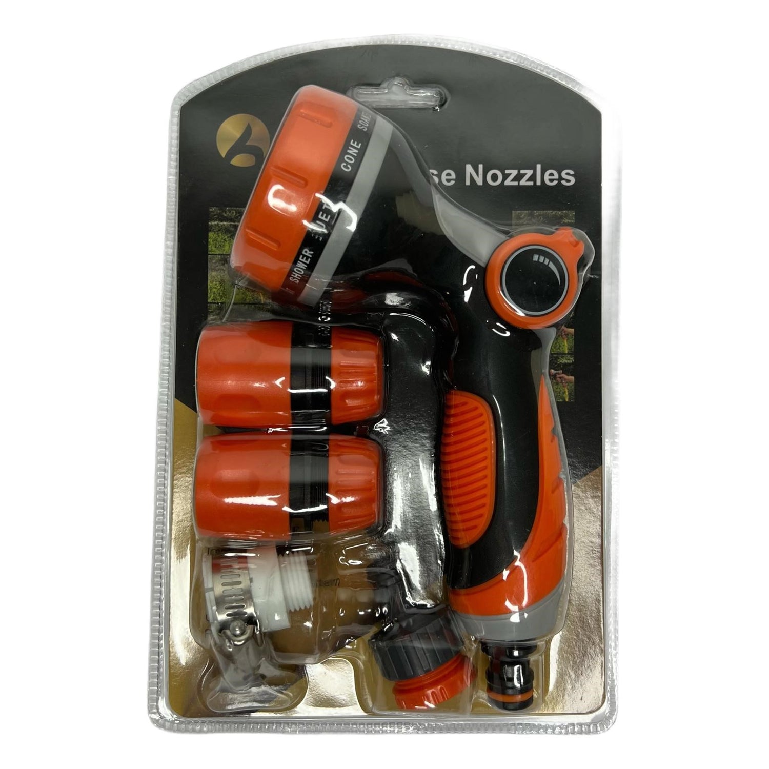 Set pistol de stropit 7 functii reglabile (7 tipuri de jet), culoare portocaliu + accesorii furtun (conectori furtun, mufa cuplaj robinet)
