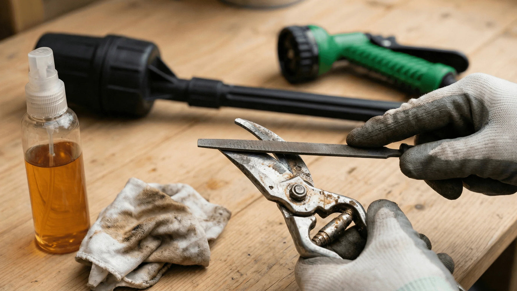 Ascuțirea foarfecii de grădină cu pilă, pe banc de lucru, cu pompă și pistol de stropit în fundal