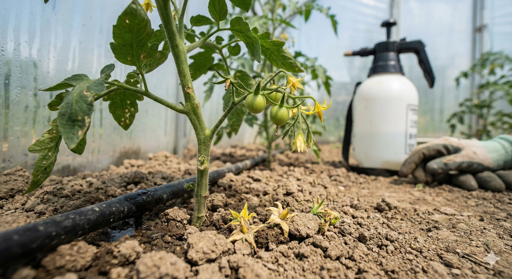 Plantă de roșii în solar cu flori căzute la bază, fructe verzi în formare și linie de picurare lângă tulpină.
