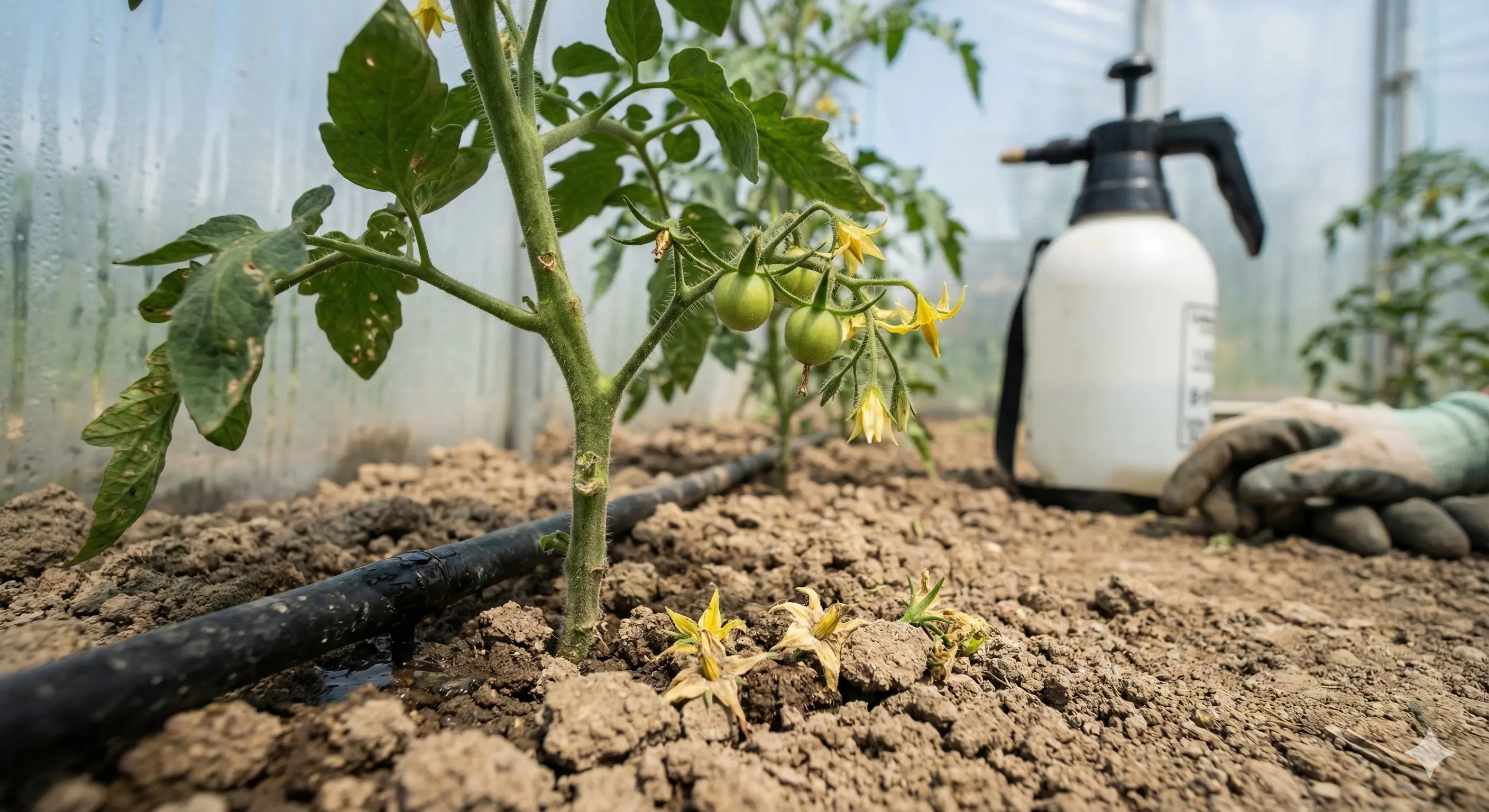 Plantă de roșii în solar cu flori căzute la bază, fructe verzi în formare și linie de picurare lângă tulpină.