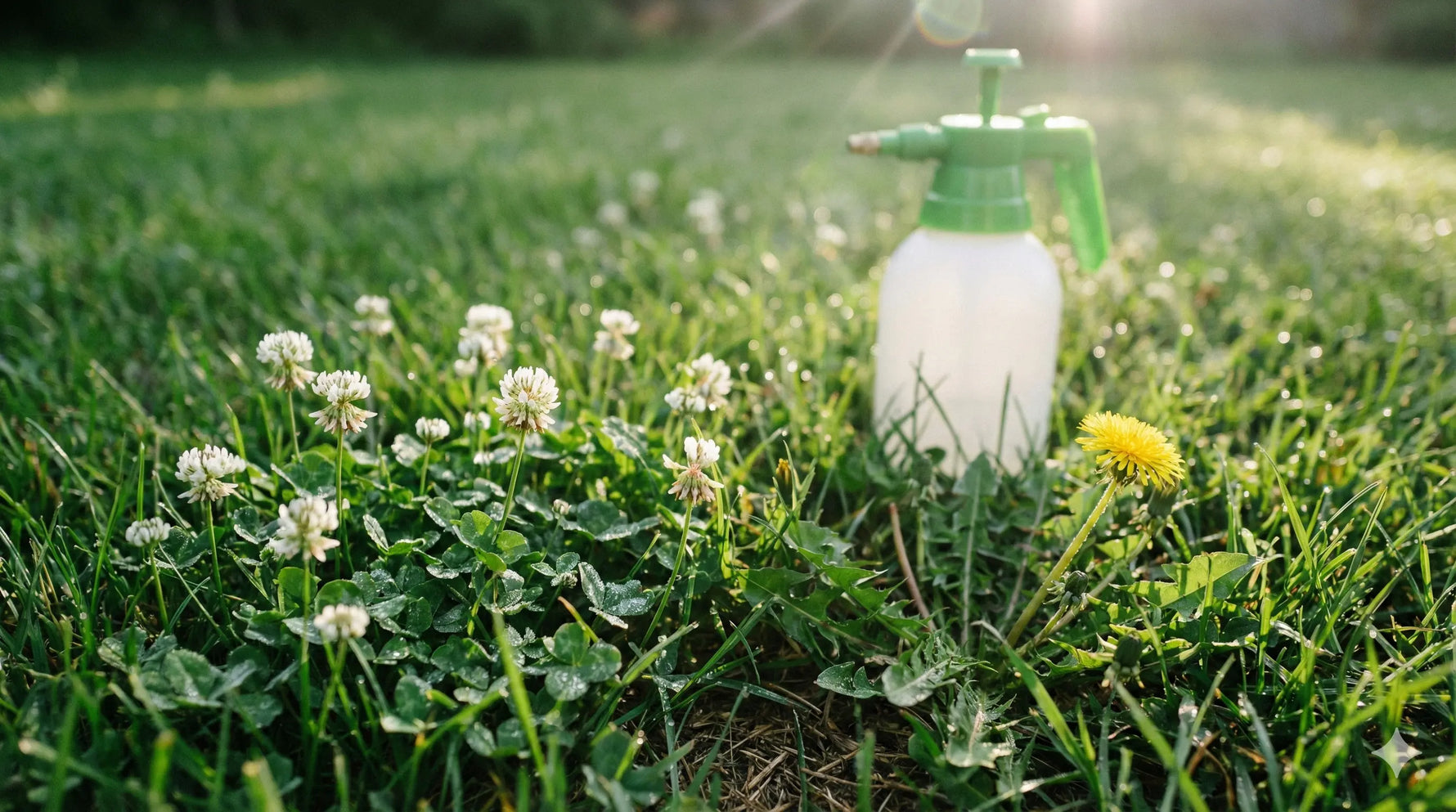 Trifoi și păpădie în gazon, cu o pompă de stropit în fundal, pentru aplicarea erbicidului selectiv
