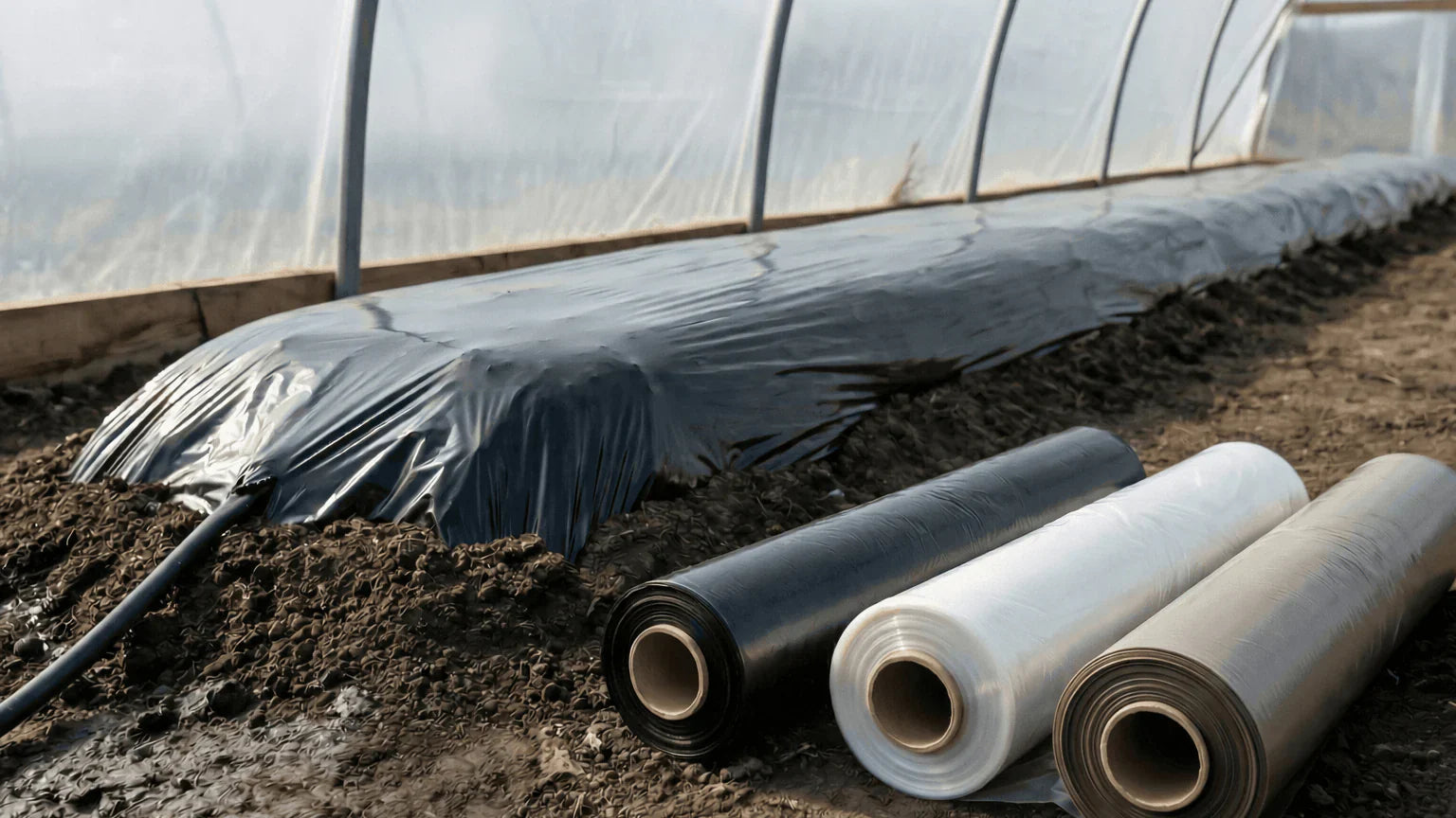 Role de folie de mulcire neagră, transparentă și maro în solar, lângă strat acoperit
