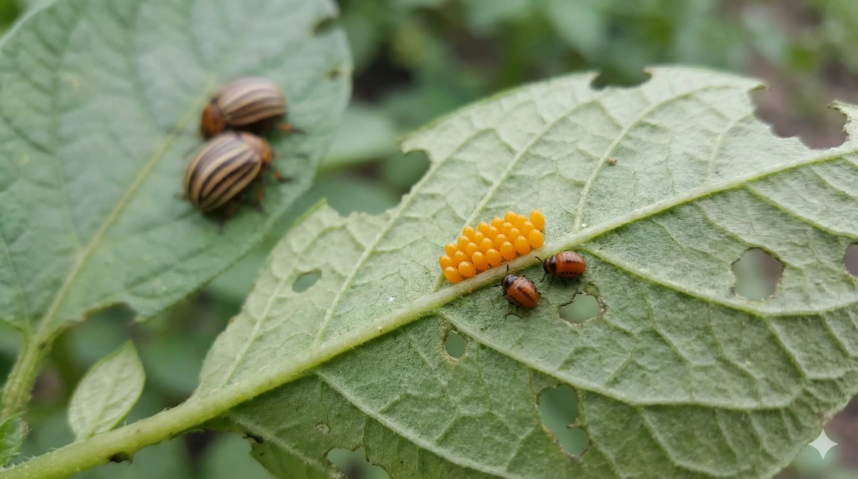 Ouă și larve de gândac de Colorado pe frunză de cartof, semne de atac în cultură.