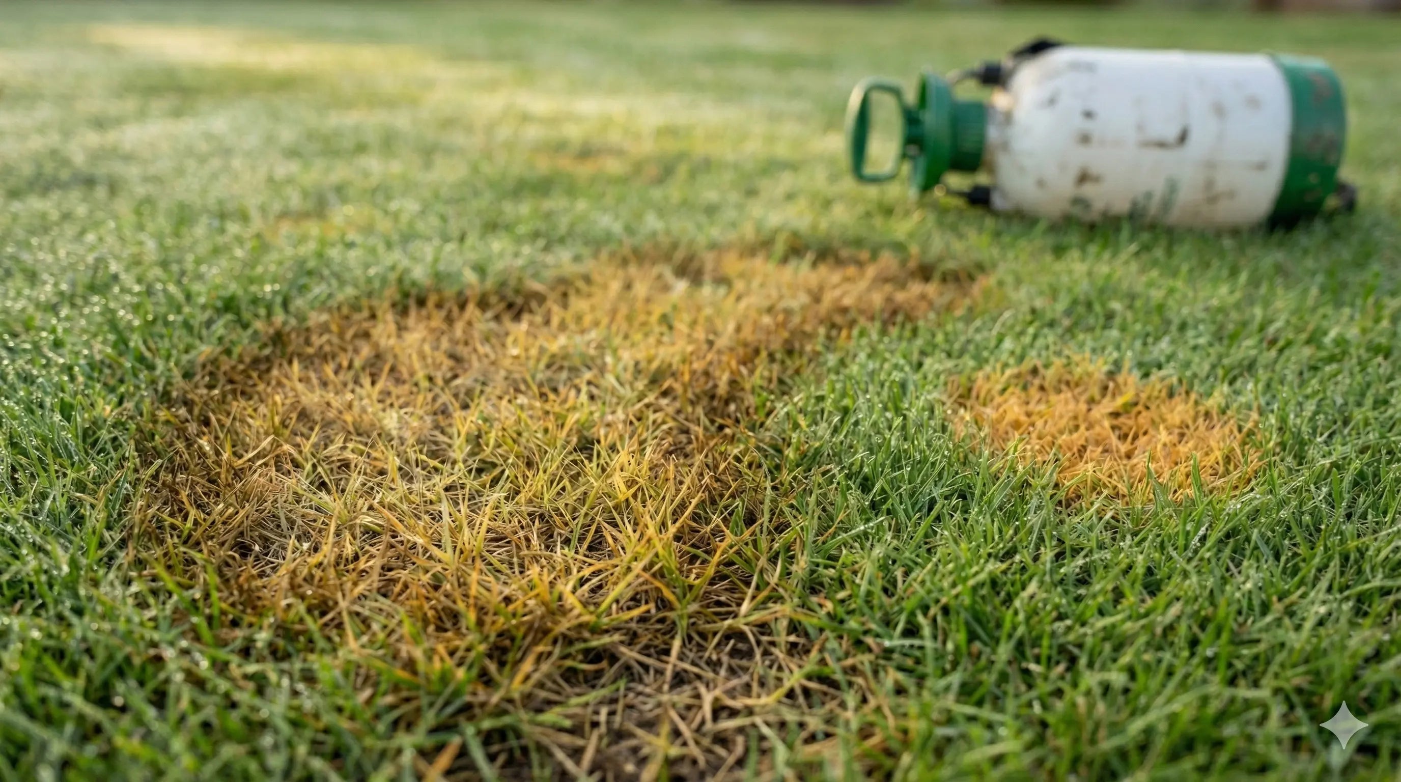 Pată galben-maronie în gazon, cu iarbă uscată în cerc, posibilă boală fungică; pulverizator pentru tratament în fundal, ușor neclar.