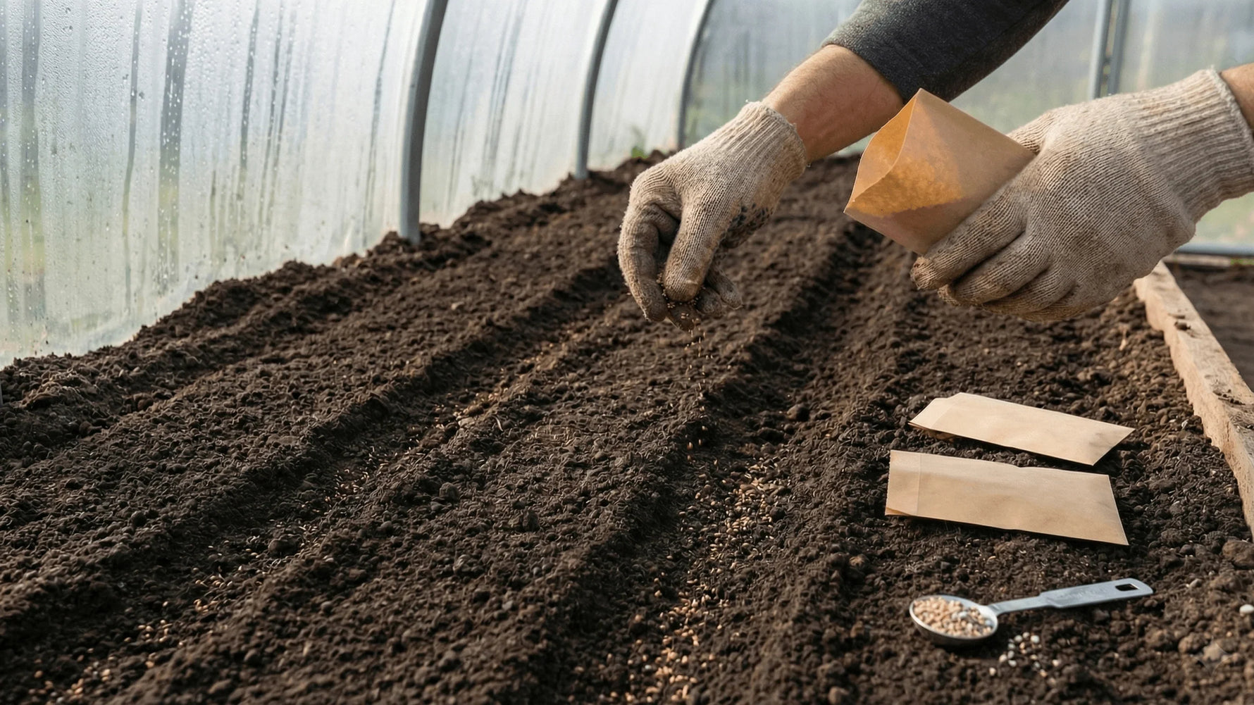 Semănat de toamnă în solar, cu rânduri pregătite pentru salată și verdețuri