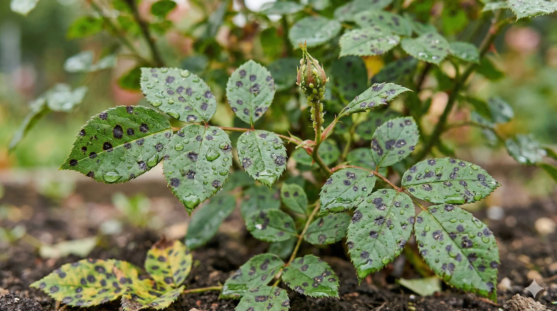 Frunze de trandafir cu pătarea neagră și afide pe boboc, după ploaie