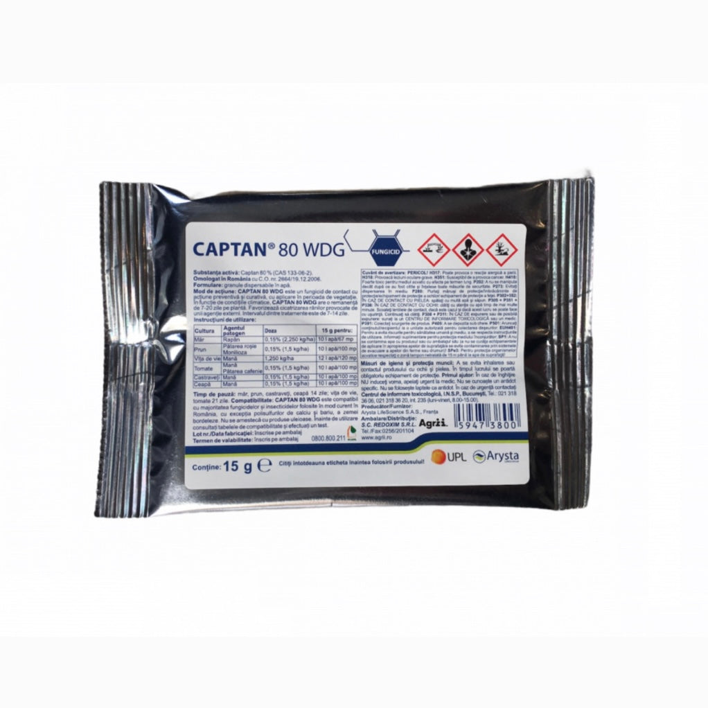 Fungicid CAPTAN 80 WDG – 15 GR, Contact, Captan, Legume, Pomi Fructiferi, Vita-de-Vie