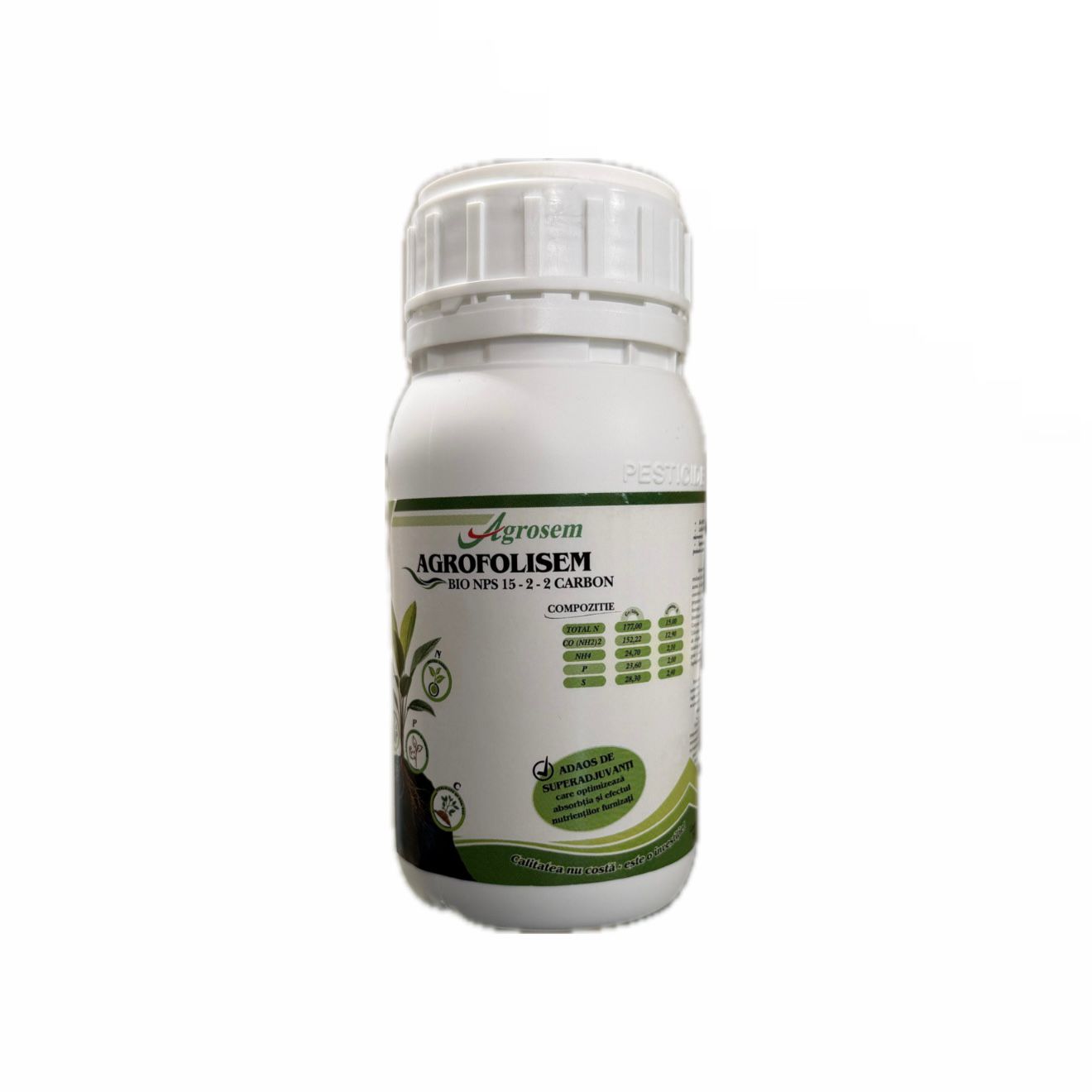 Ingrasamant Foliar AGROFOLISEM - 250 ML, Agrosem, BIO NPS 15-2-2 Carbon, Legume, Cereale, Pomi Fructiferi, Vita-de-Vie, Gazon, Tuia