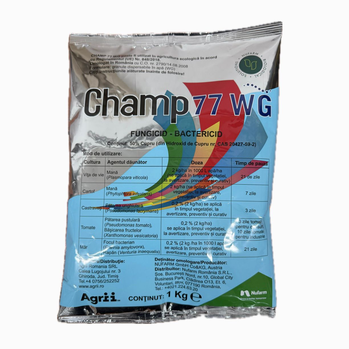 Fungicid CHAMP 77 WG - 1 KG, Nufarm, Cupru metalic, Tomate, Castraveti, Vita-de-Vie, Cartof, Mar, Boli: Mana, Patarea Unghiulara, Patarea Pustulara, Basicare, Focul Bacterian, Rapan