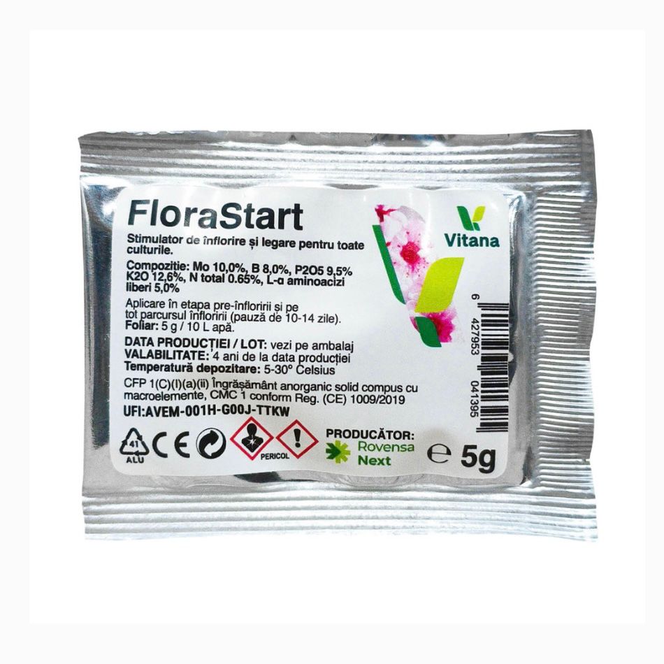 Stimulator de Inflorire si Legare FLORASTART - 5 GR, Vitana, Pentru Toate Culturile, Molibden, Bor, Fosfor, Potasiu, Azot, Aminoacizi 