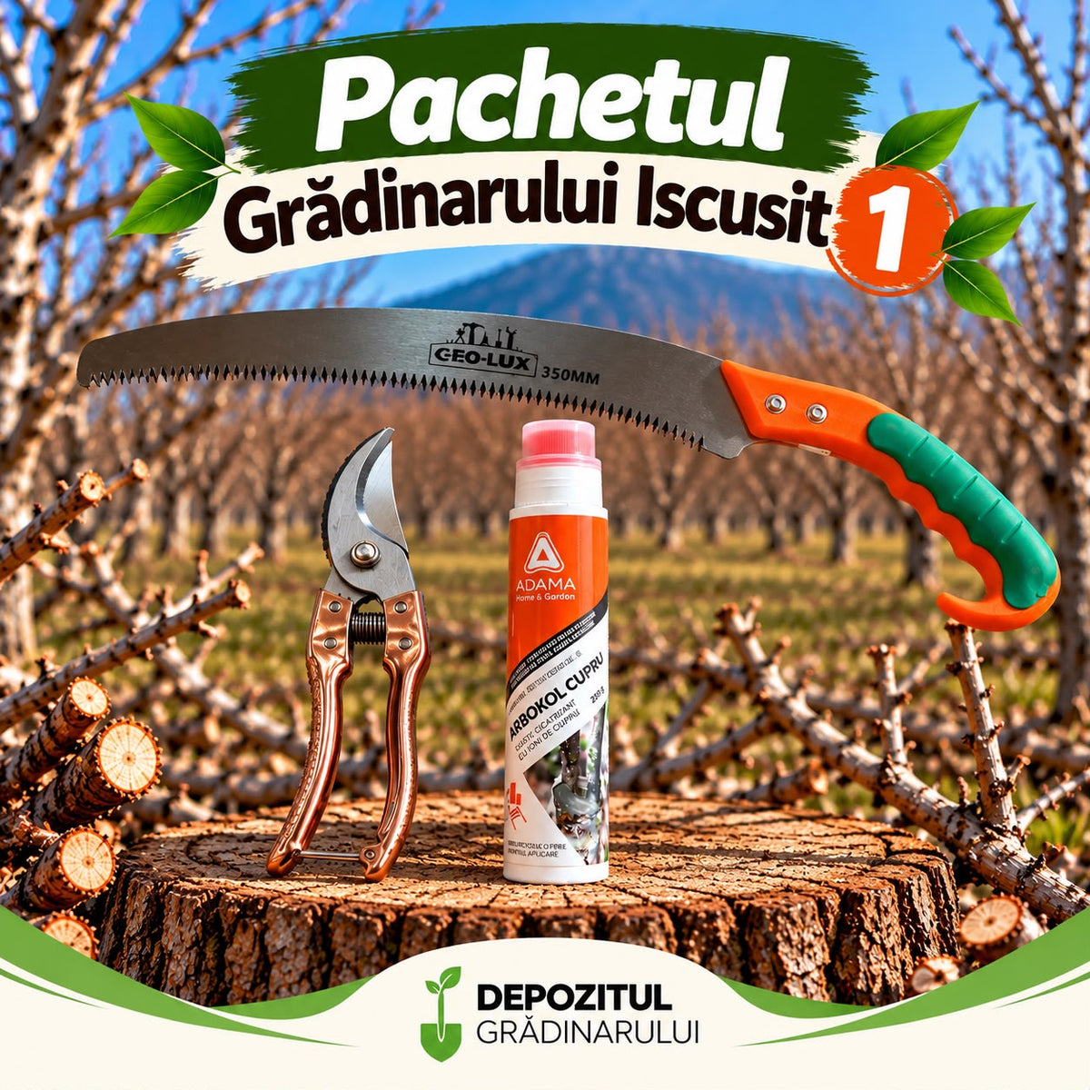Pachetul Gradinarului Iscusit 1 - Fierastrau Manual, Foarfeca de Gradina, Mastic Arbokol Cupru