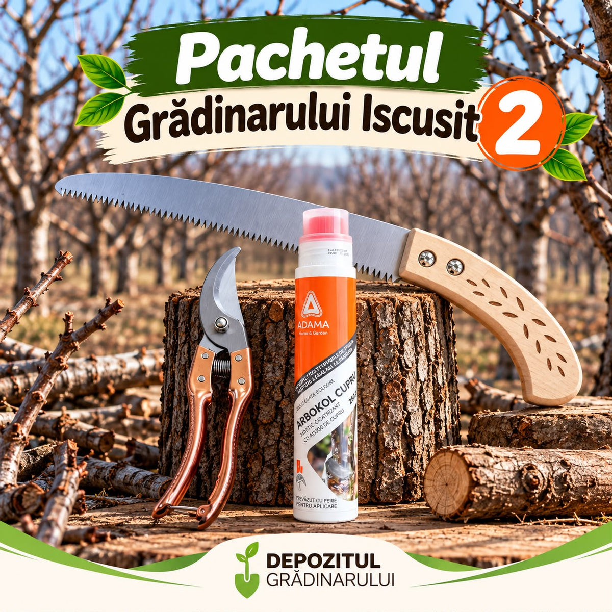 Pachetul Gradinarului Iscusit 2 - Fierastrau Manual, Foarfeca de Gradina, Mastic Arbokol Cupru