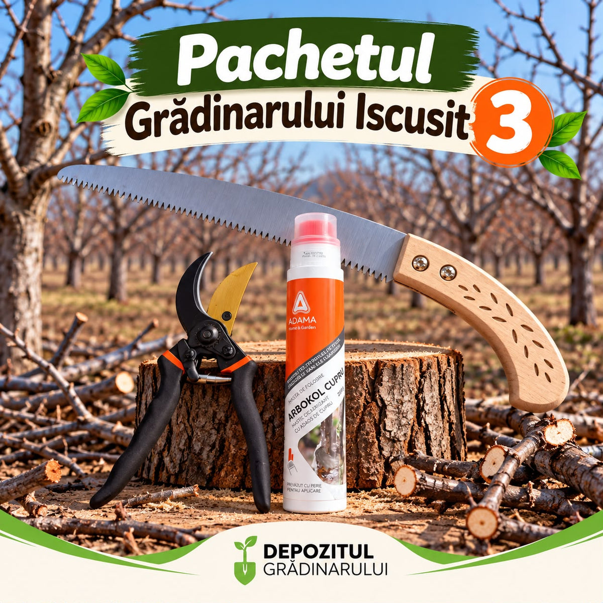 Pachetul Gradinarului Iscusit 3 - Fierastrau Manual, Foarfeca de Gradina, Mastic Arbokol Cupru
