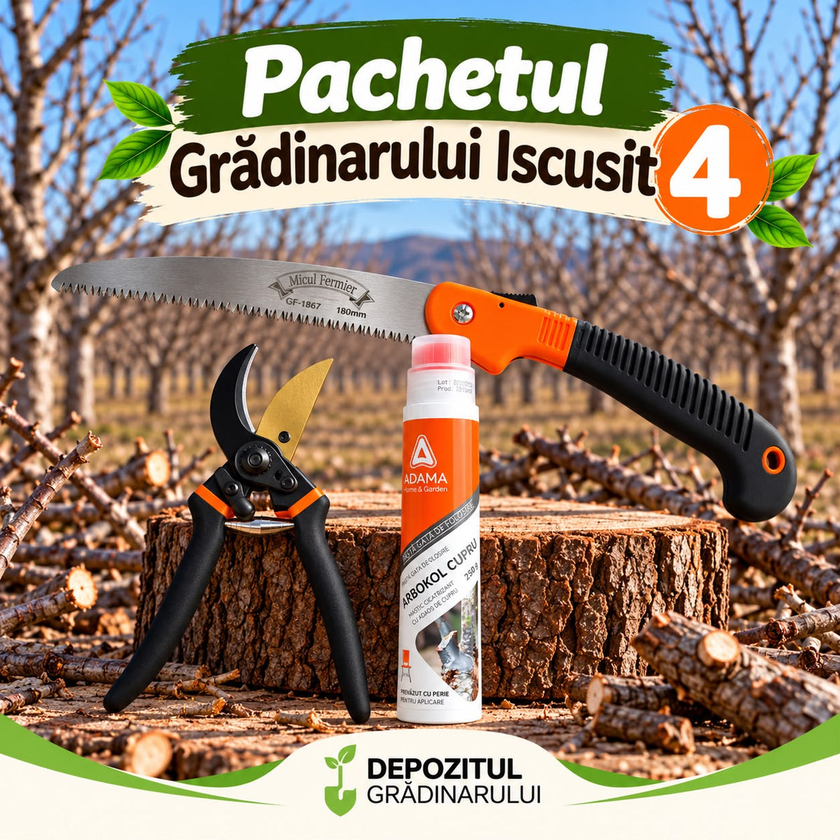 Pachetul Gradinarului Iscusit 4 - Fierastrau Manual Pliabil, Foarfeca de Gradina SL-720, Mastic Arbokol Cupru 
