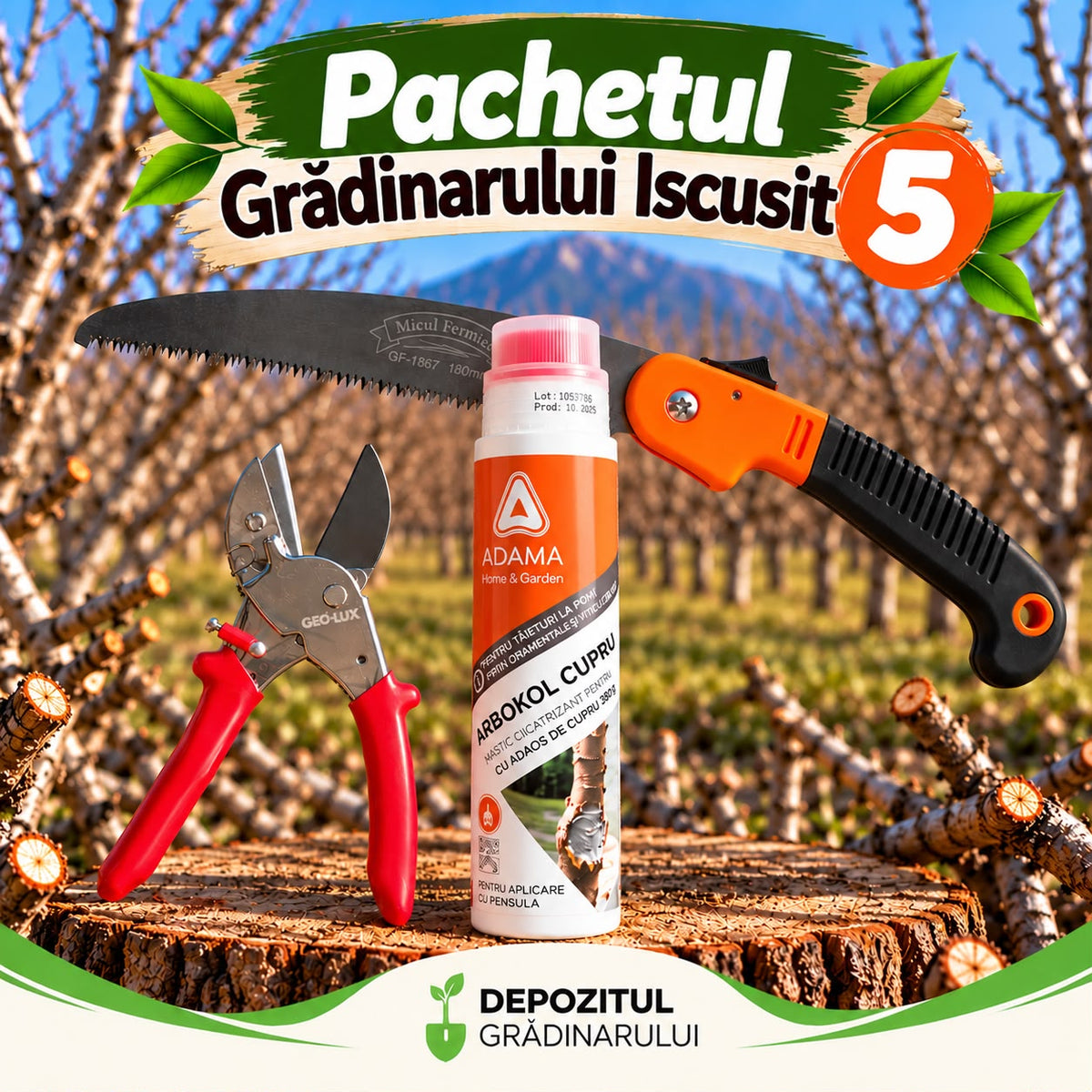 Pachetul Gradinarului Iscusit 5 - Fierastrau Manual Pliabil 180 MM, Foarfeca de Gradina SK5 Geo-Lux, Mastic Arbokol Cupru